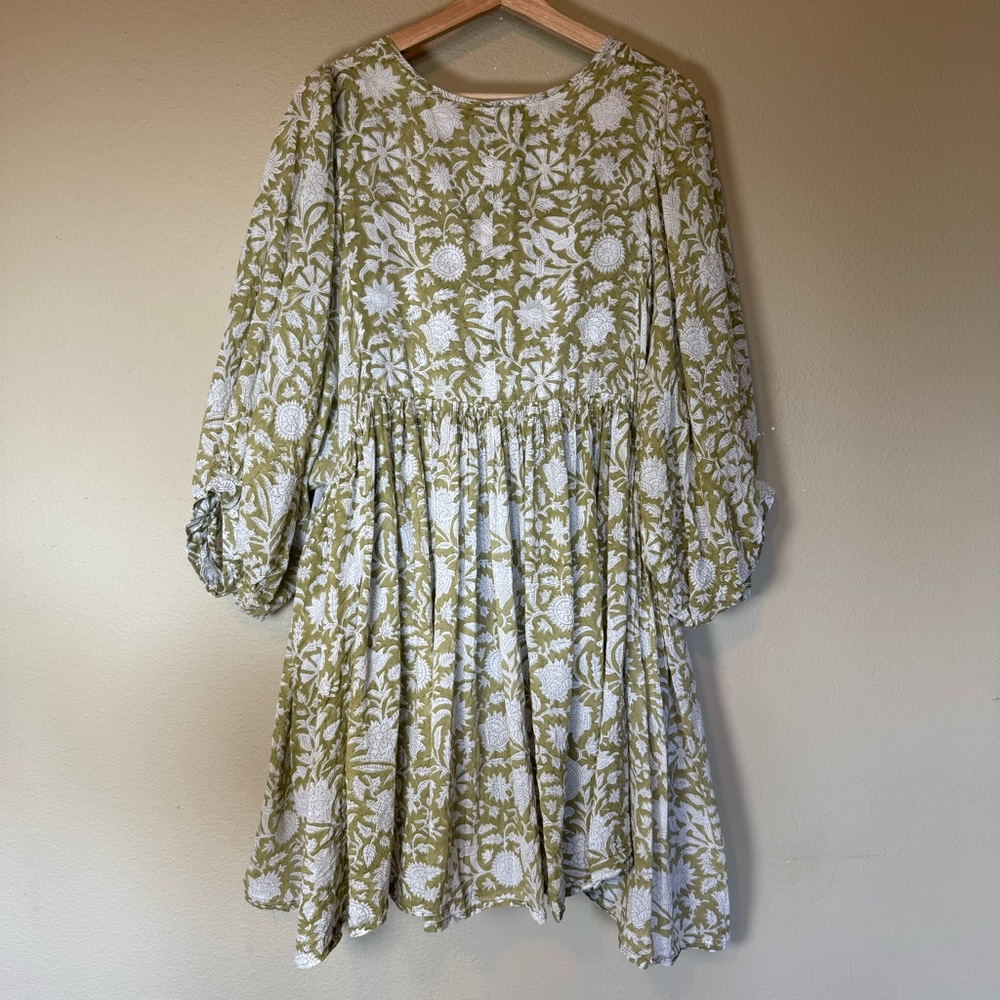 Daughters of India Kyra Olive White Floral Print Cotton Mini Dress Size XL - Picture 4 of 7